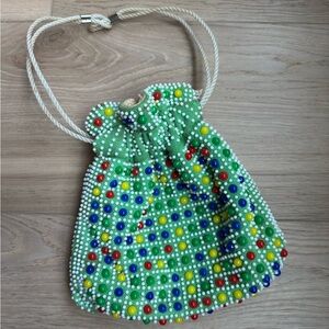 Vintage Reversible Beaded Drawstring Kitschy Posh Pouch Bag Cinch Purse 70’s